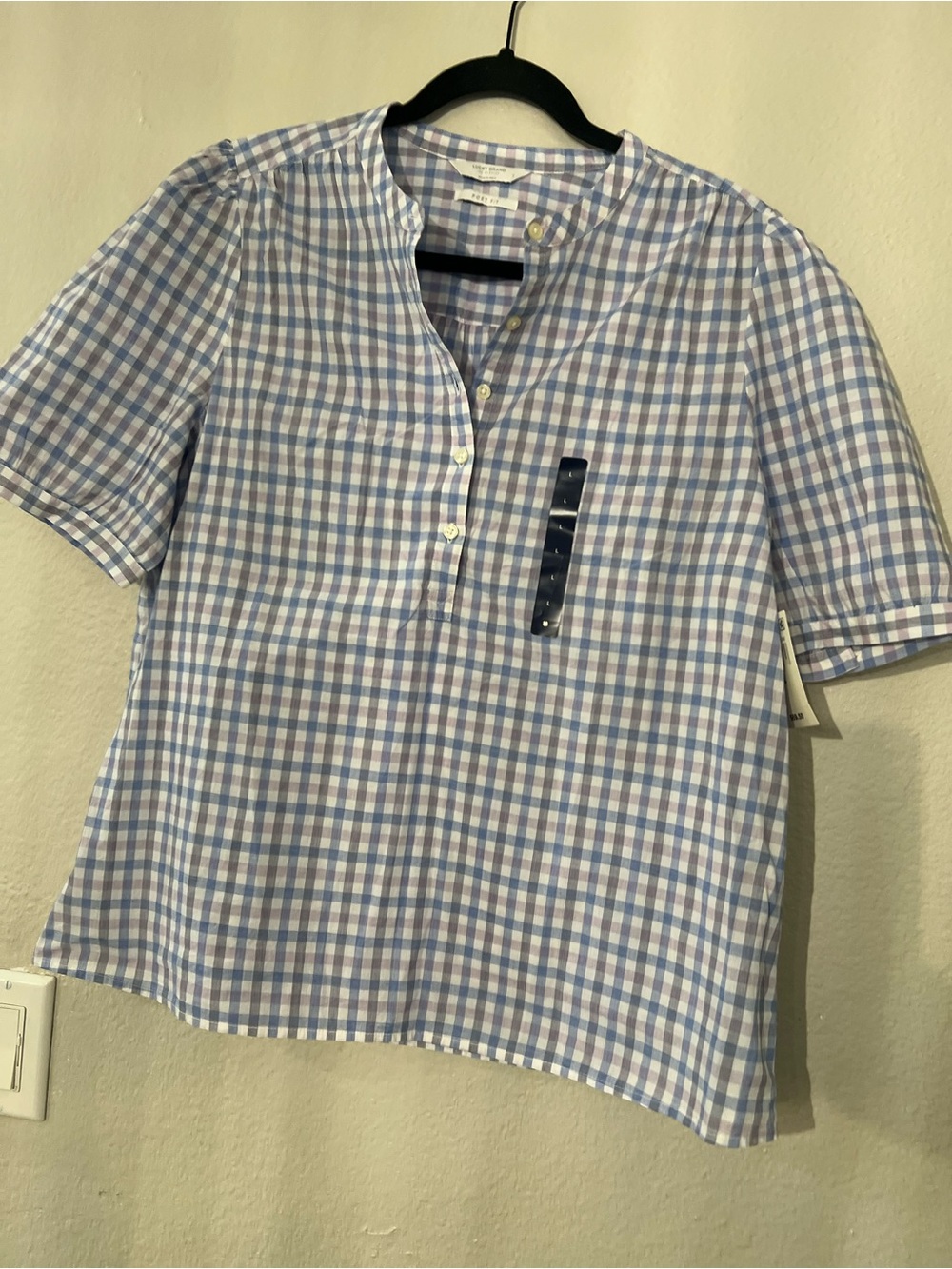 Lucky Brand Light Blue, Purple and White Gingham Short Sleeve Top.Poet Fit